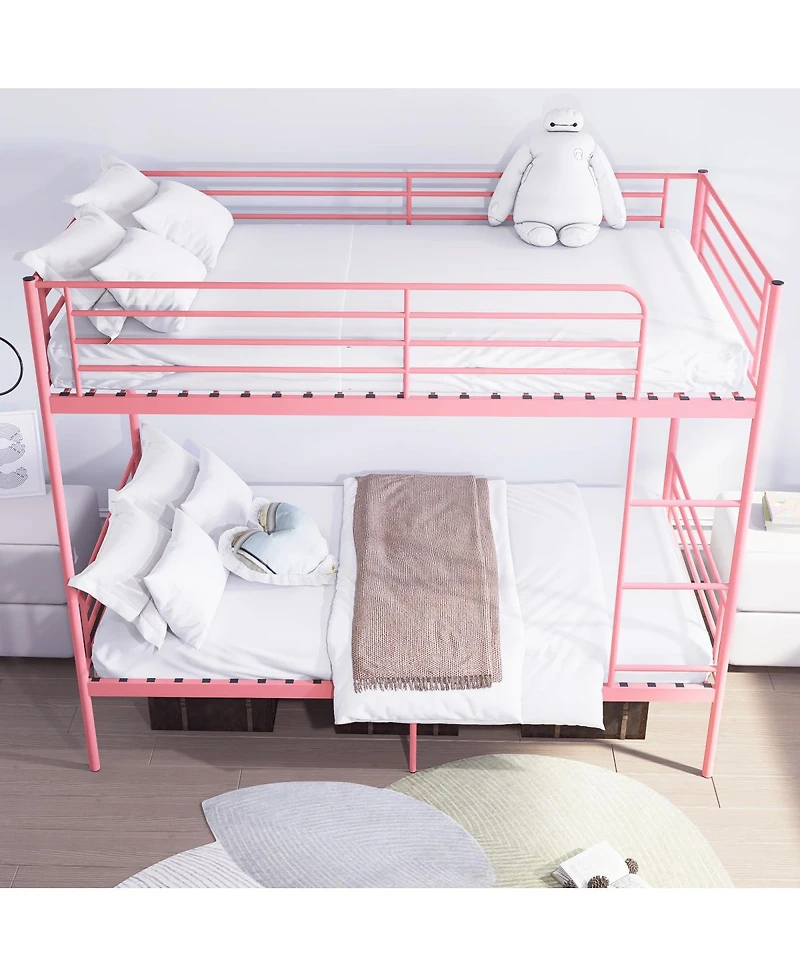 Streamdale Furniture Pink Twin Over Twin Metal Bunk Bed with Ladder, Guardrail, Storage, Noise Free