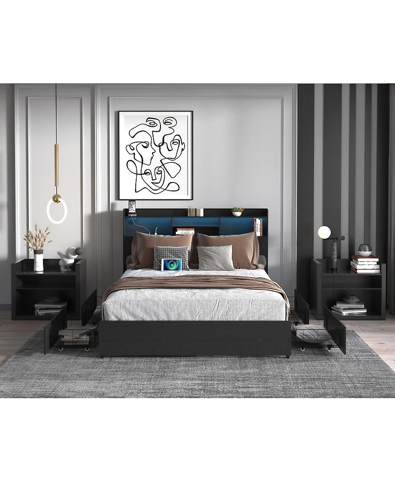 Streamdale Furniture Full Bed Frame with 4 Storage Drawers, Headboard, Led & Charging Station
