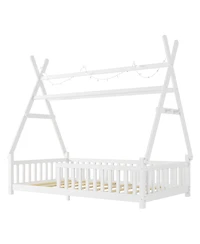 Streamdale Furniture Twin House Bed with Light, Low Floor House Bed with Fence and Roof