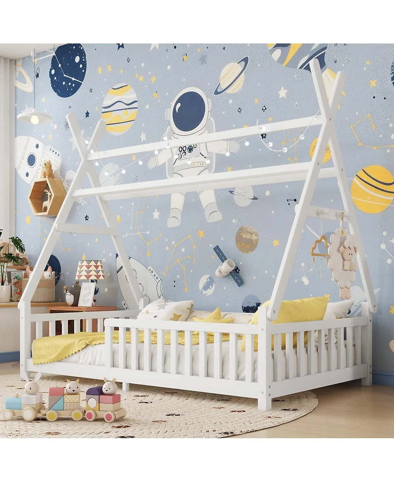 Streamdale Furniture Twin House Bed with Light, Low Floor House Bed with Fence and Roof