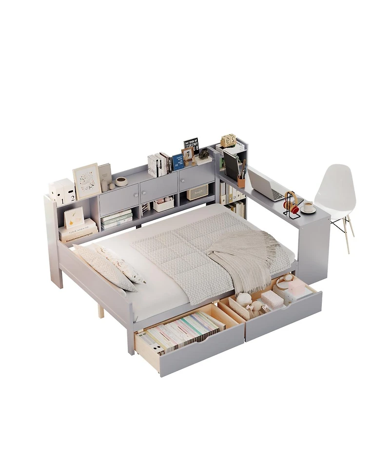 Streamdale Furniture Full Size Daybed with Storage, Wooden L-Shape Bed Frame w/ Desk & Bookshelf