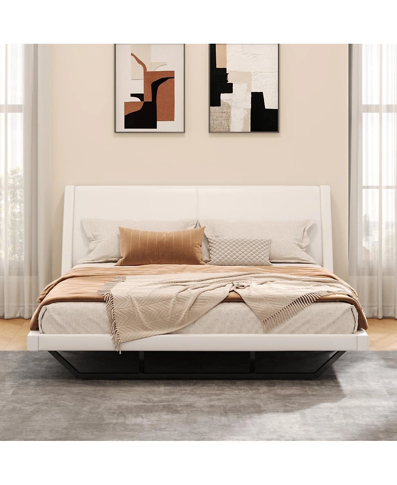 Streamdale Furniture Queen Size White Pu Leather Upholstered Platform Bed Frame, No Box Spring Needed
