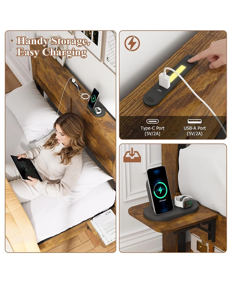 Streamdale Furniture Farmhouse King Bed Frame w/ Storage Shelf, Led Lights & Charging Station