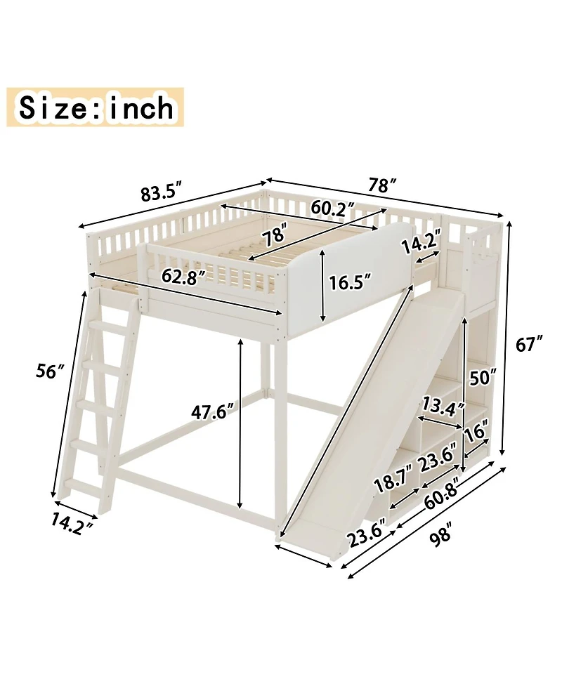 Streamdale Furniture Queen Size Loft Bed with Storage, Ladder, and Slide