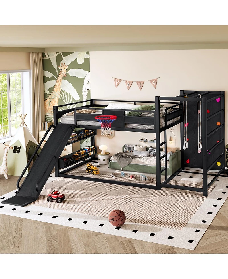 Streamdale Furniture Full size metal loft bed with basketball hoop, slide, and bookshelves.
