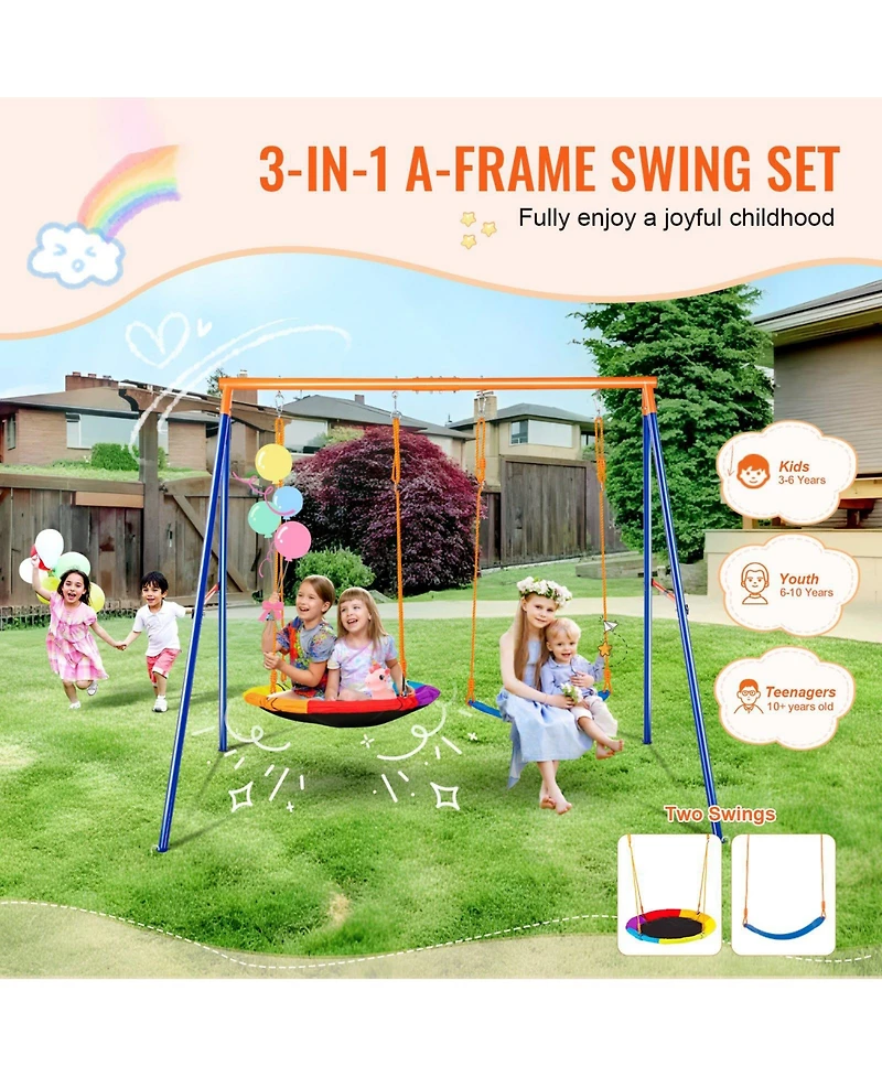 Mecale Backyard Swing Set, 440 lbs Load Capacity, A-Frame Metal Swing Stand with Saucer Swing Seat and Belt Swing Seat, Adjustable Rope