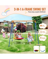 Mecale Backyard Swing Set, 440 lbs Load Capacity, A-Frame Metal Swing Stand with Saucer Swing Seat and Belt Swing Seat, Adjustable Rope