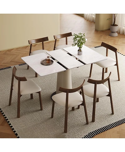 Streamdale Furniture Retractable Rock Slab Dining Table Set, 7-Piece Expandable Table with 6 Chairs & Leather Base