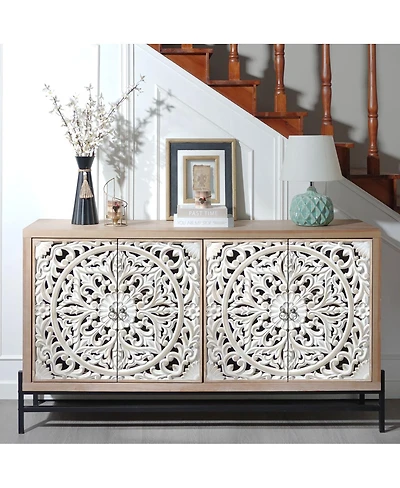 Streamdale Vintage Carved 4-Door Wood Cabinet with Metal Base