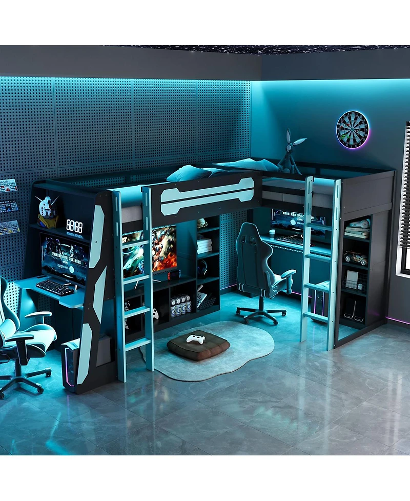 Streamdale Furniture L-Shaped Twin Gaming Bed Frame w/ Rgb, Usb, Tv Stand, Storage, Reversible