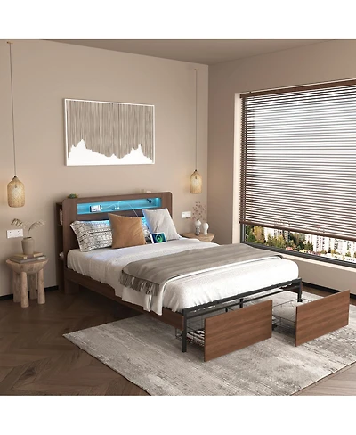 Streamdale Furniture Wood Platform Bed Frame Full Size with Storage Drawers & Led Headboard