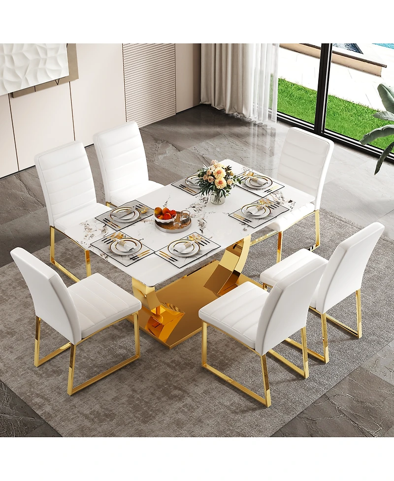 Streamdale Furniture Streamdale Marble patterned glass dining set with gold decor: 63" table + 6 chairs