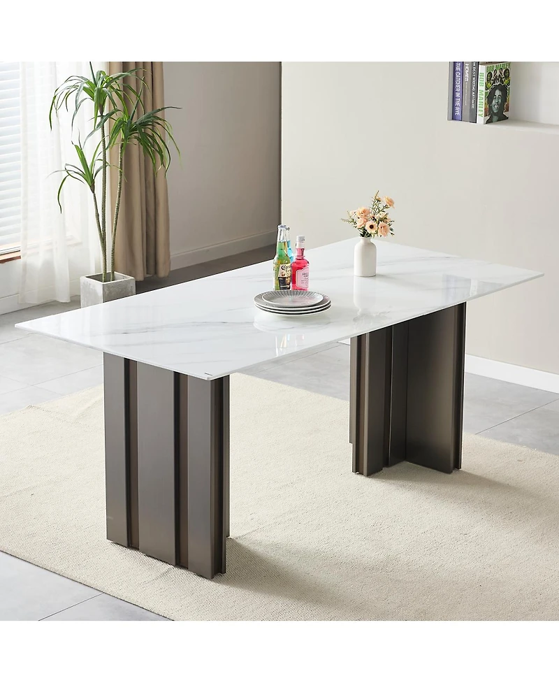 Streamdale Furniture Streamdale 69" Rectangular Dining Table, Modern Style, Tempered Glass Marble Top, Gray Legs