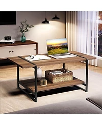 gaomon 41" Large 2-Tier Gray Wood Coffee Table with Storage Shelf - Farmhouse Modern Rustic Metal Rectangle Center Living Room Coffee Table