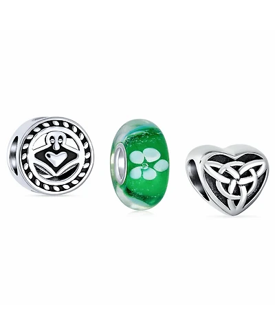 Bling Jewelry Lucky Green Clover & Knot Claddagh Charm Bead Set Sterling Silver for Bracelet