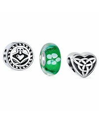 Bling Jewelry Lucky Green Clover & Knot Claddagh Charm Bead Set Sterling Silver for Bracelet