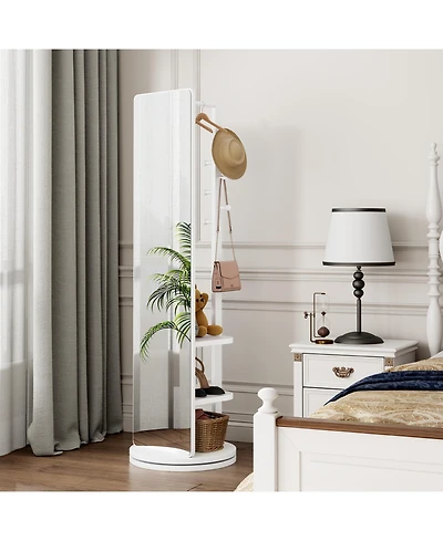 Busdays 360° Rotating 69"x16" Multifunctional Full-Length Mirror with Hook Storage Rack Coat Rack with Mirror Solid Wood Floor Mirror