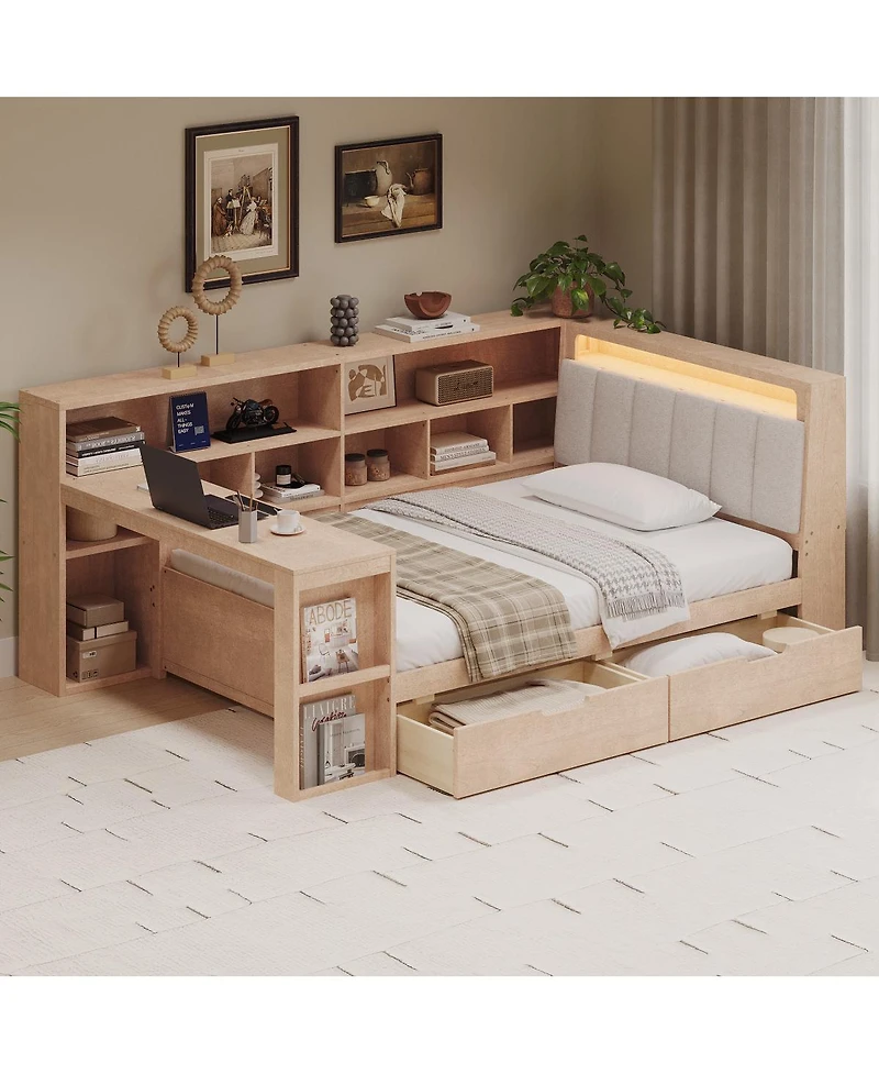 Streamdale Furniture Twin L-shaped Wooden Daybed with Desk, Storage, Led Light