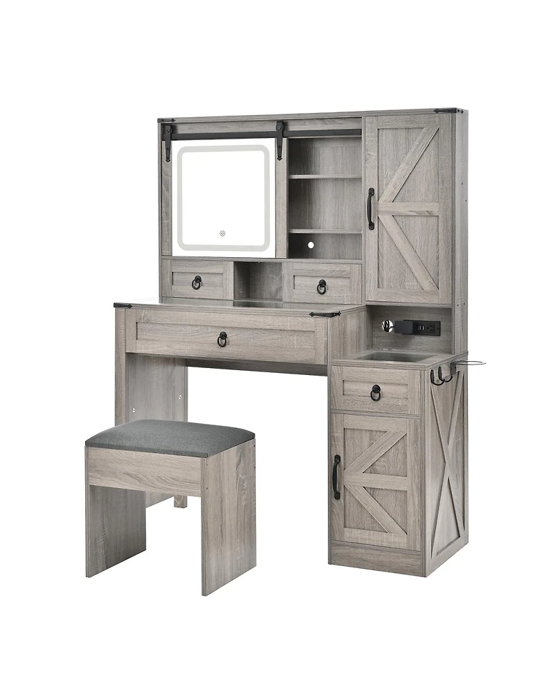 Streamdale Furniture Farmhouse Vanity Desk with Sliding Mirror, Lights, Charging