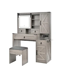 Streamdale Furniture Farmhouse Vanity Desk with Sliding Mirror, Lights, Charging
