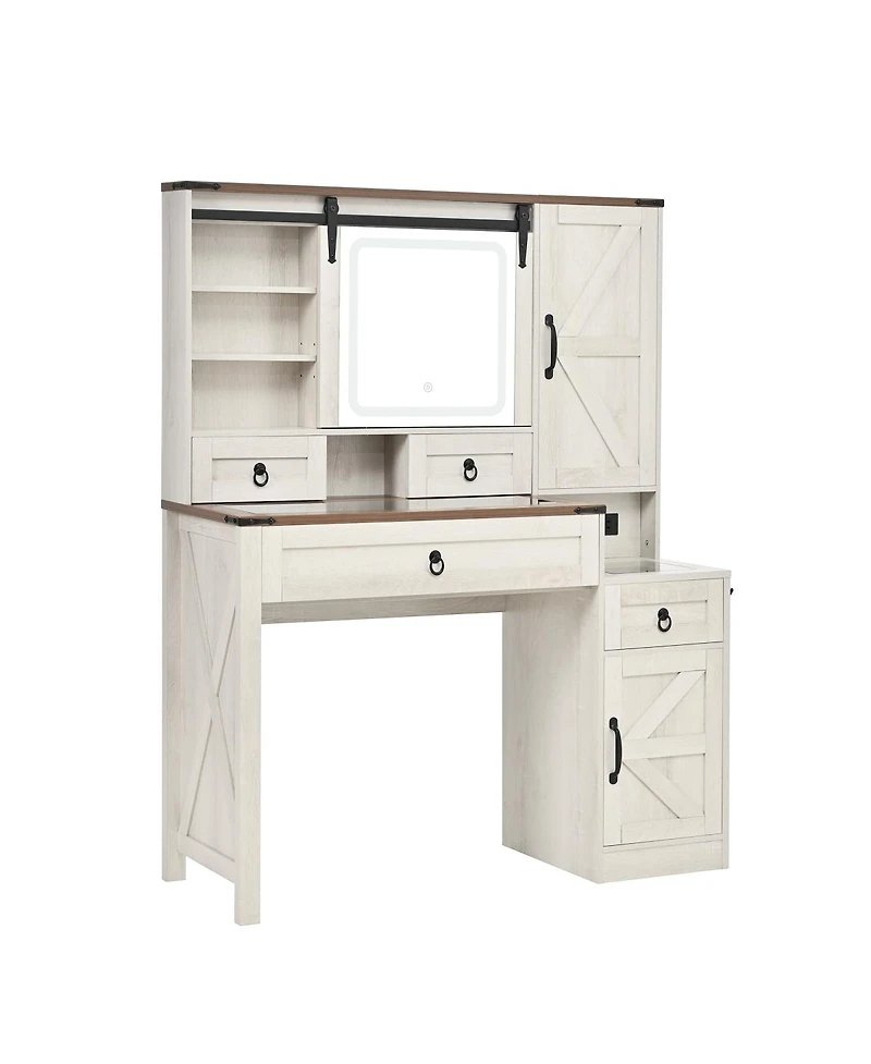 Streamdale Furniture Farmhouse Vanity Desk with Sliding Mirror, Lights, Charging
