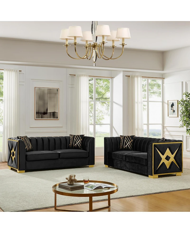 Streamdale Furniture Streamdale Luxurious Velvet Sofa with Geometric Gold Hardware & Metal Feet