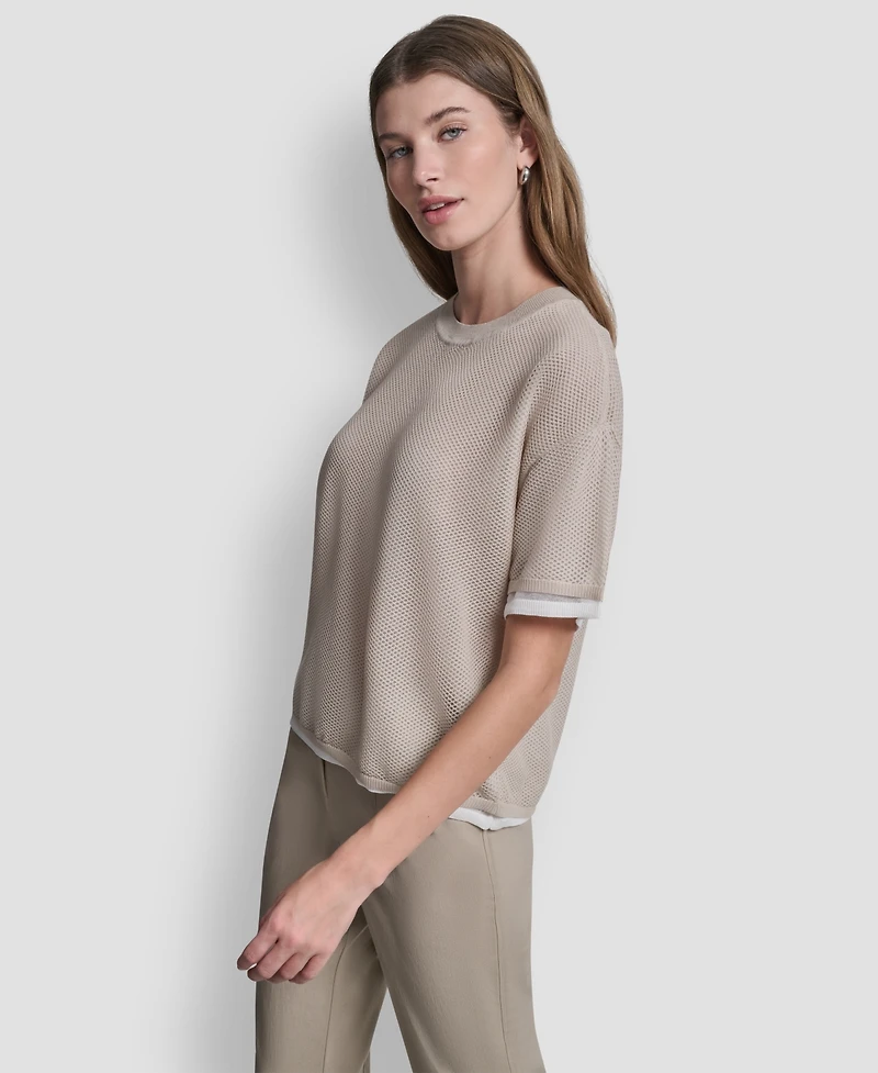 Dkny Women's Short-Sleeve Boxy 2-Layer Mesh Sweater