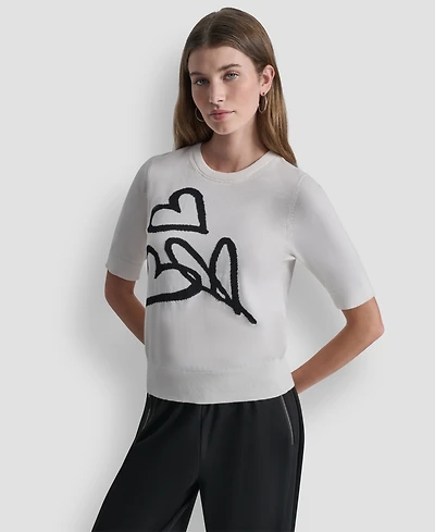 Dkny Women's Short-Sleeve Graffiti Hearts Sweater Top
