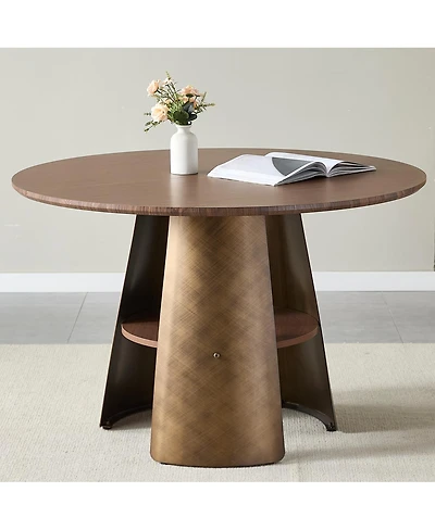 Streamdale Furniture Streamdale 47.25" Round Dining Table, Retro Style, Seats 4-6, Walnut Wood/Bronze