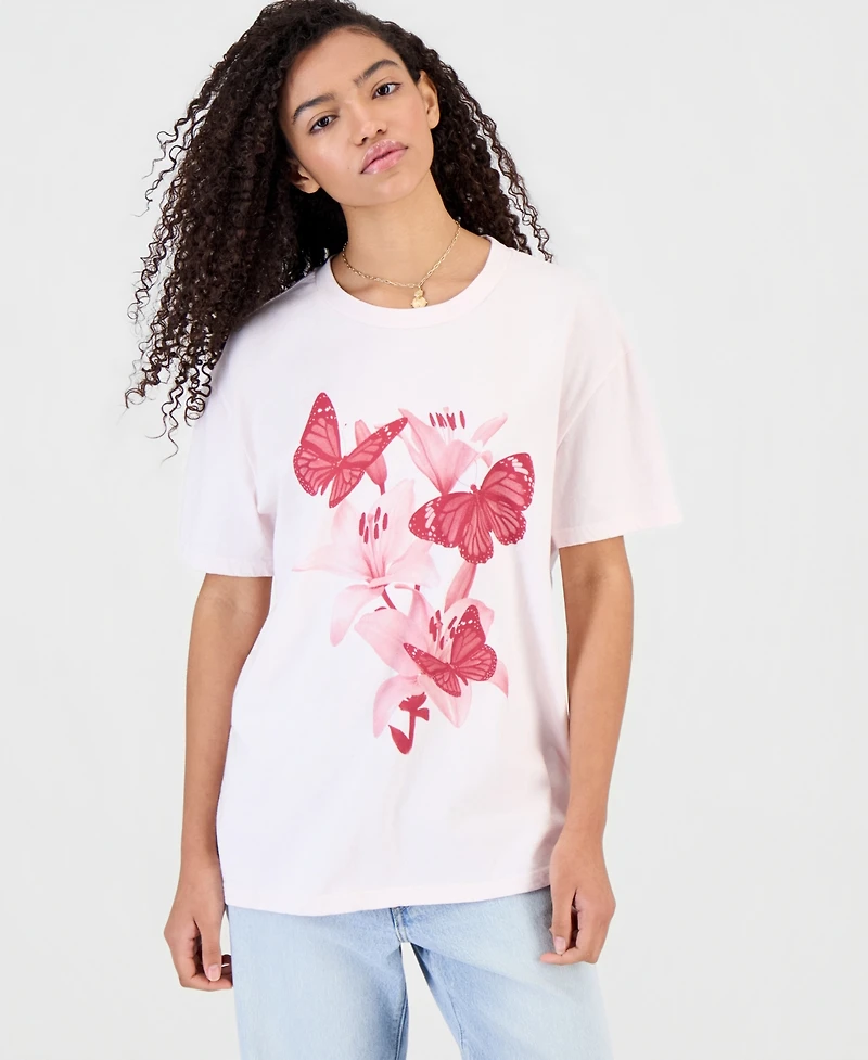 Rebellious One Juniors' Butterfly-Graphic Cotton Boyfriend T-Shirt