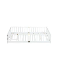 Streamdale Furniture Queen Size Floor Bed with Fence, Door, and Safety Guardrails