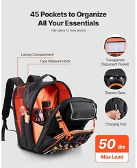 Mecale Tool Backpack, 45 Pockets, Heavy-Duty Tool Organizer with Laptop Compartment & Reinforced Fabric Base, Electrician Jobsite Bag