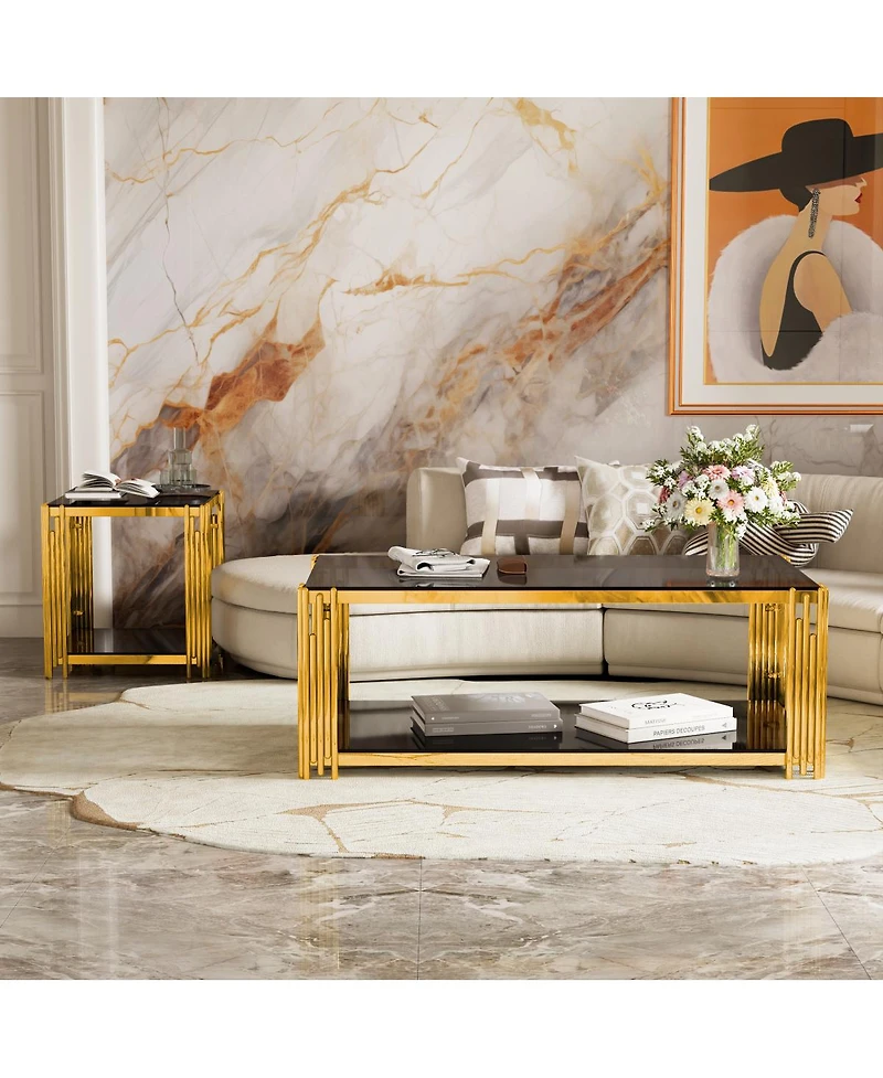 Streamdale Furniture Modern Black Mirror End Table with Gold Finish & Lower Shelf, 19.9