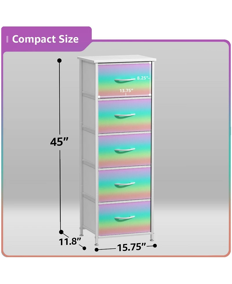 Sorbus Narrow 5 Drawers Nightstand with Steel Frame, Wood Top, Easy Pull Fabric Bins for Home, Bedroom, Office & Dorm