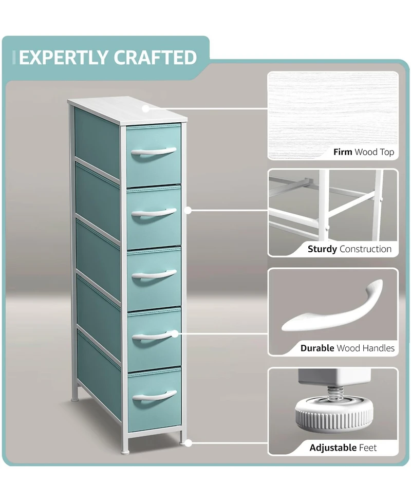 Sorbus Narrow Dresser with 5 Drawers - Steel Frame, Wood Top & Easy Pull Fabric Bins