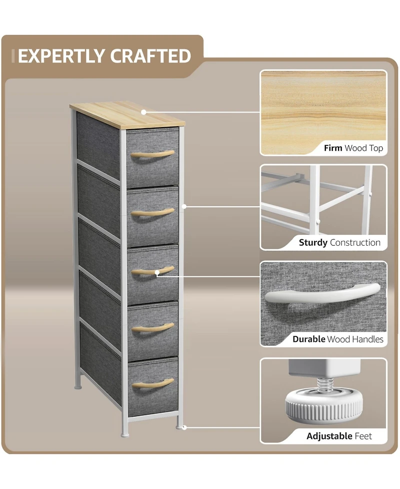 Sorbus Narrow Dresser with 5 Drawers - Steel Frame, Wood Top & Easy Pull Fabric Bins