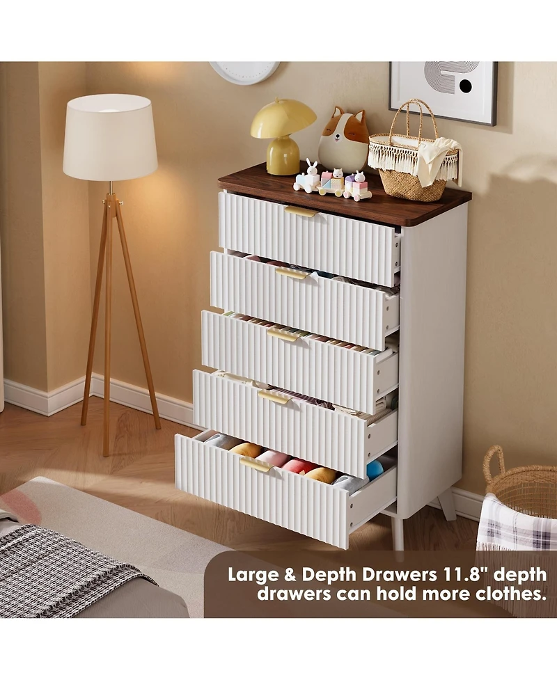 gaomon Fluted Dresser for Bedroom, 5 Deep Drawer Modern Wood Storage Chest, White