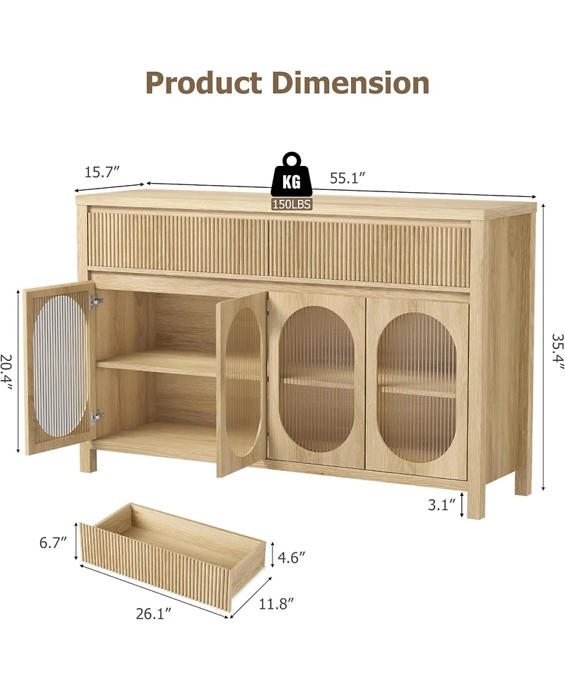 gaomon 55" Large Sideboard Buffet Cabinet with Storage, 4 Glass Doors & Fluted Drawer Fronts, Beige/Khaki