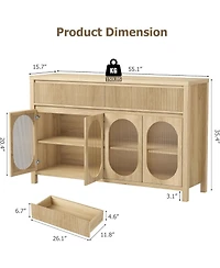 gaomon 55" Large Sideboard Buffet Cabinet with Storage, 4 Glass Doors & Fluted Drawer Fronts, Beige/Khaki