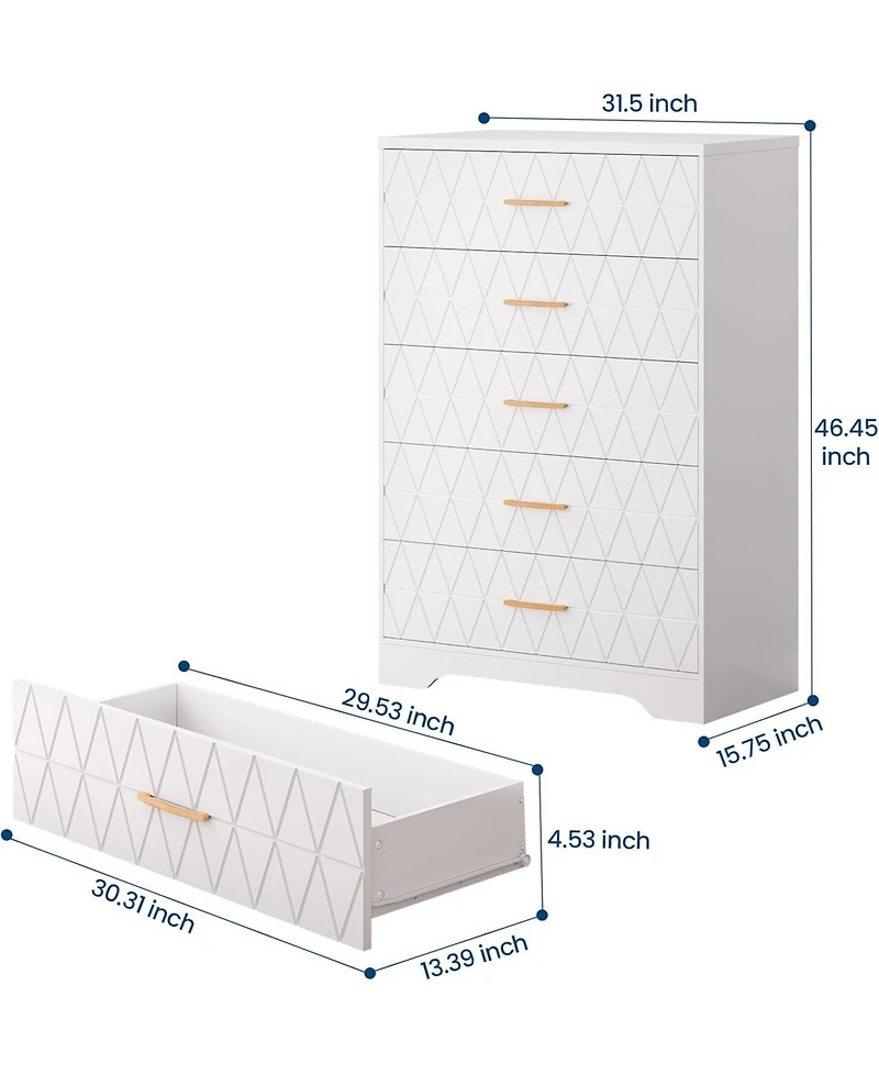 gaomon 5-Drawer Tall Dresser for Bedroom, Wooden Chest of Drawers with Gold Handles for Closet Storage, White