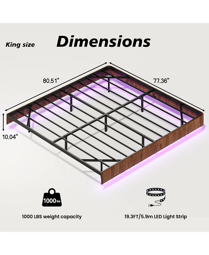 Streamdale Furniture King Led Floating Bed Frame - Wave Texture, Heavy Duty Slats