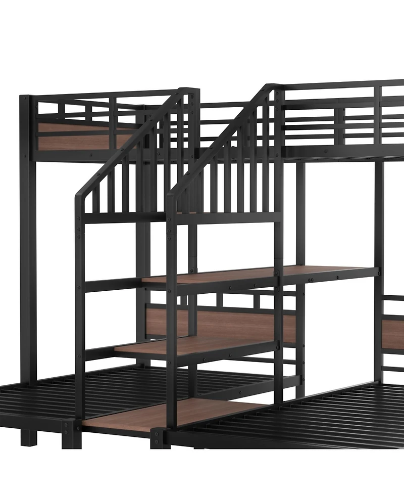 Streamdale Furniture Triple Metal Bunk Bed with Shelves & Stairs