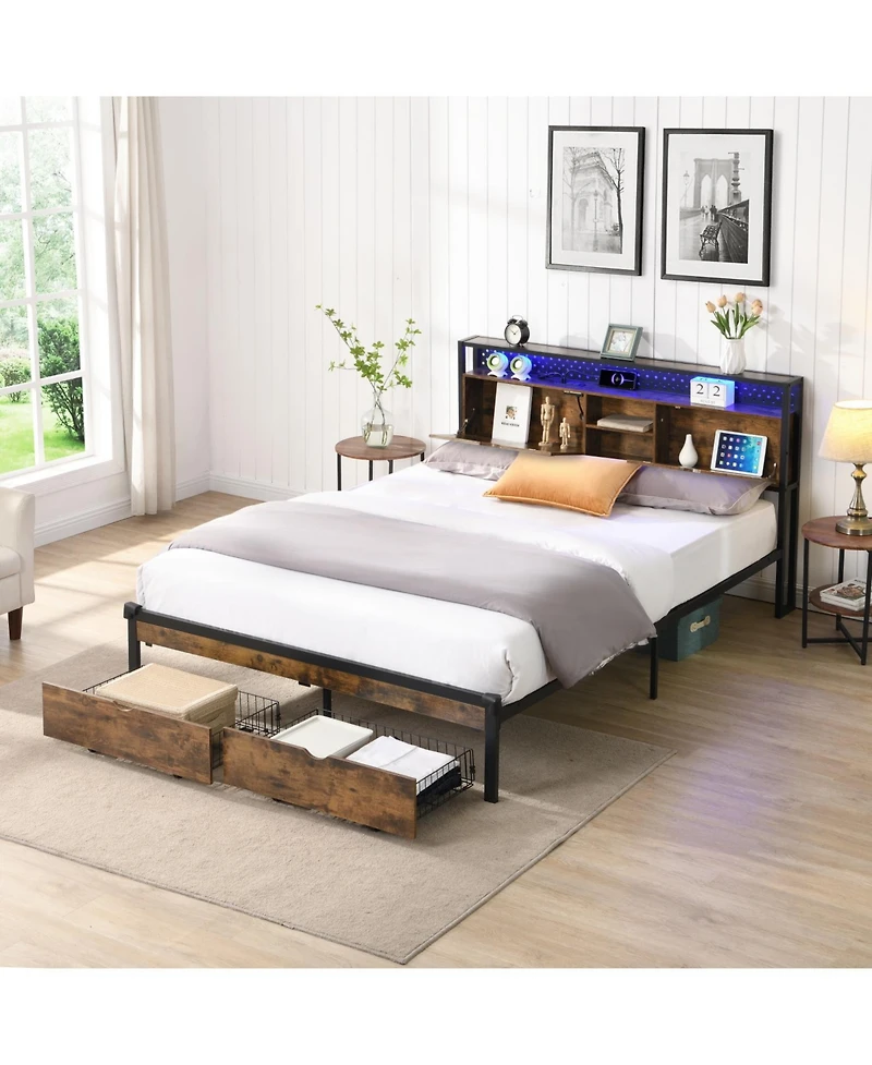 Streamdale Furniture King Platform Bed with Headboard, Usb Ports, Storage Drawers, Led Lights