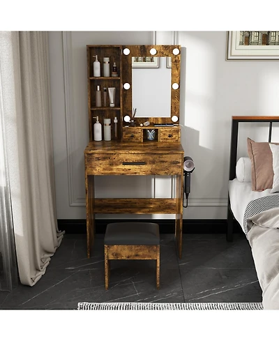 Streamdale Furniture Streamdale Vanity Table with Led Lights, Outlet, Stool - Compact Dressing Desk (Vintage