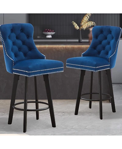 Streamdale Furniture Streamdale Navy Blue Velvet Swivel Bar Stools with Ring Pull, Set of 2