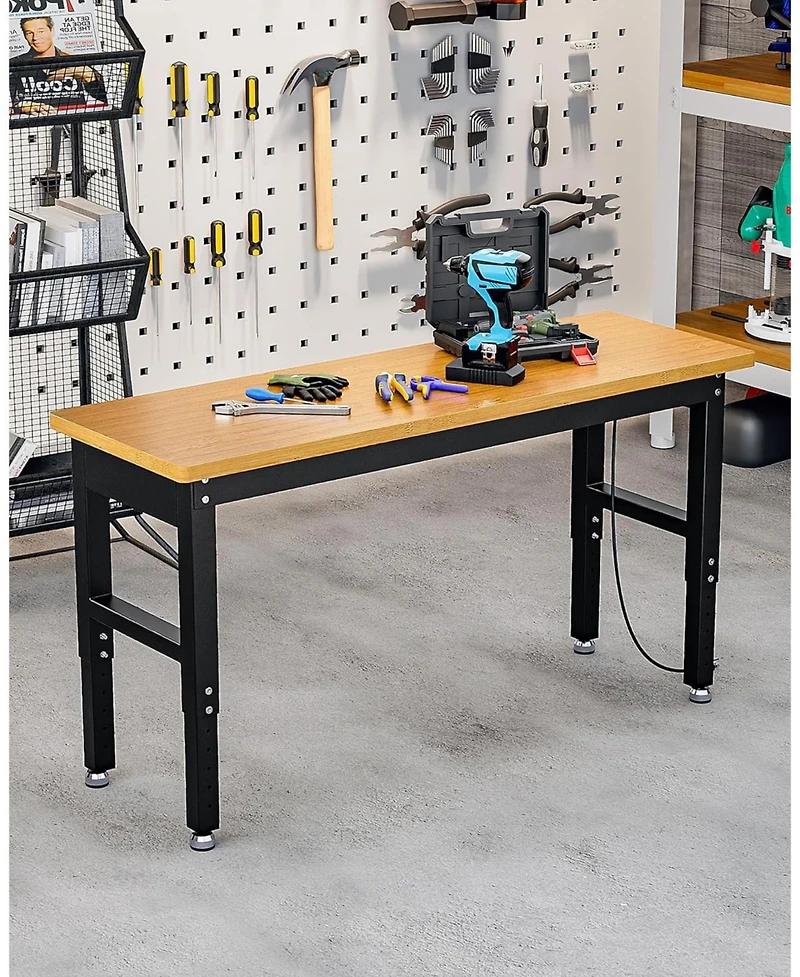 gaomon 60 Inch Work Bench, 2200 Lbs Capacity Solid Wood Top Garage Workbench, Adjust Height Work Table with Power Outlets & Sturdy Steel Frame