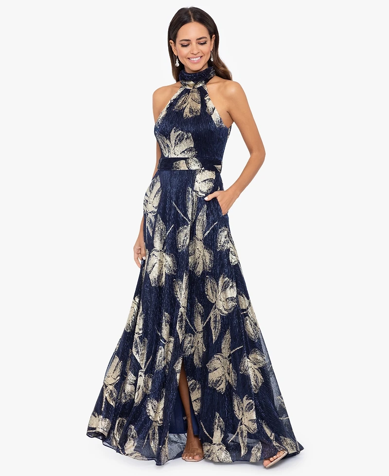 Betsy & Adam Petite Halter Neck A-Line Gown