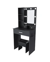 Streamdale Furniture Vanity Table with Led Lights, Power, Hairdryer Holder & Stool - Black