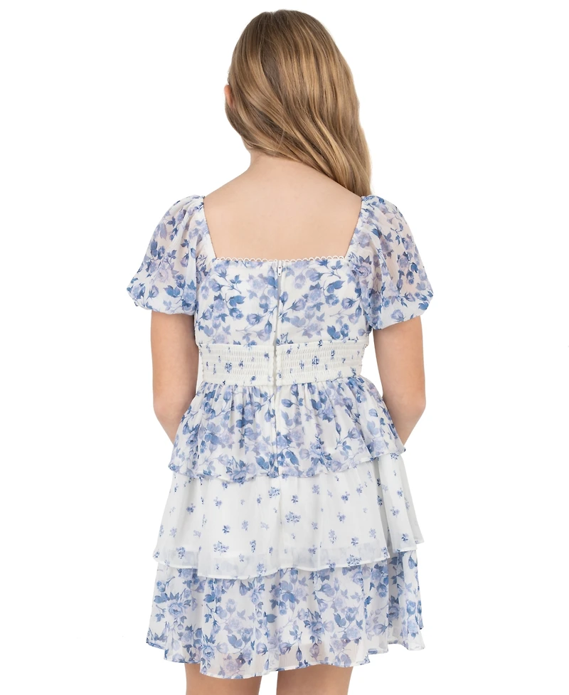 Rare Editions Girls' 7-16 Mixed Print Ruched Puff-Sleeve Dress