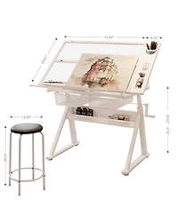 Streamdale Furniture Adjustable Tempered Glass Drafting Table with Chair & Storage